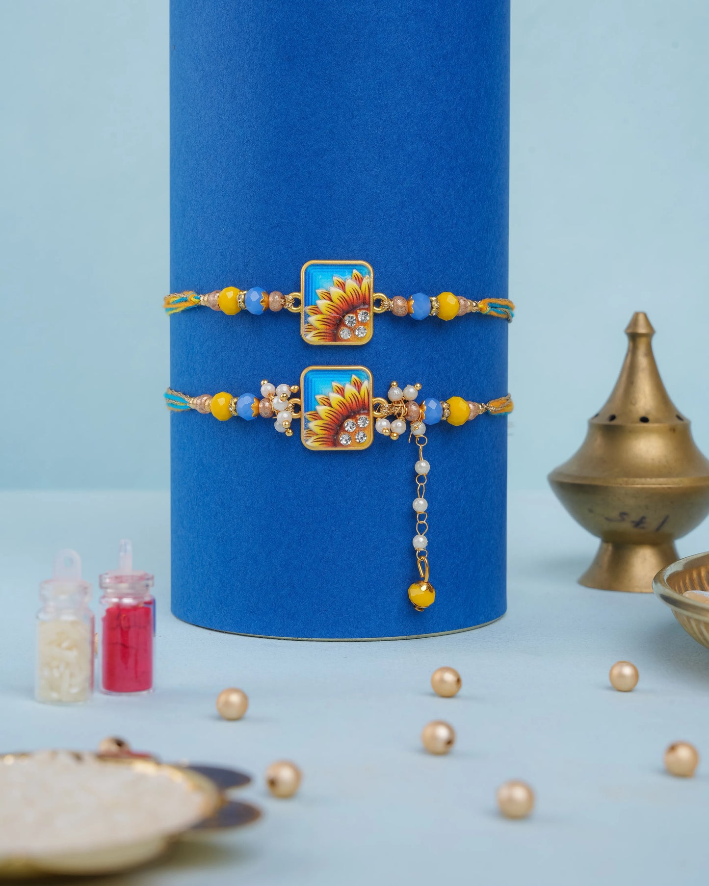 Sunflower Bloom Bhai Bhabhi Rakhi Set