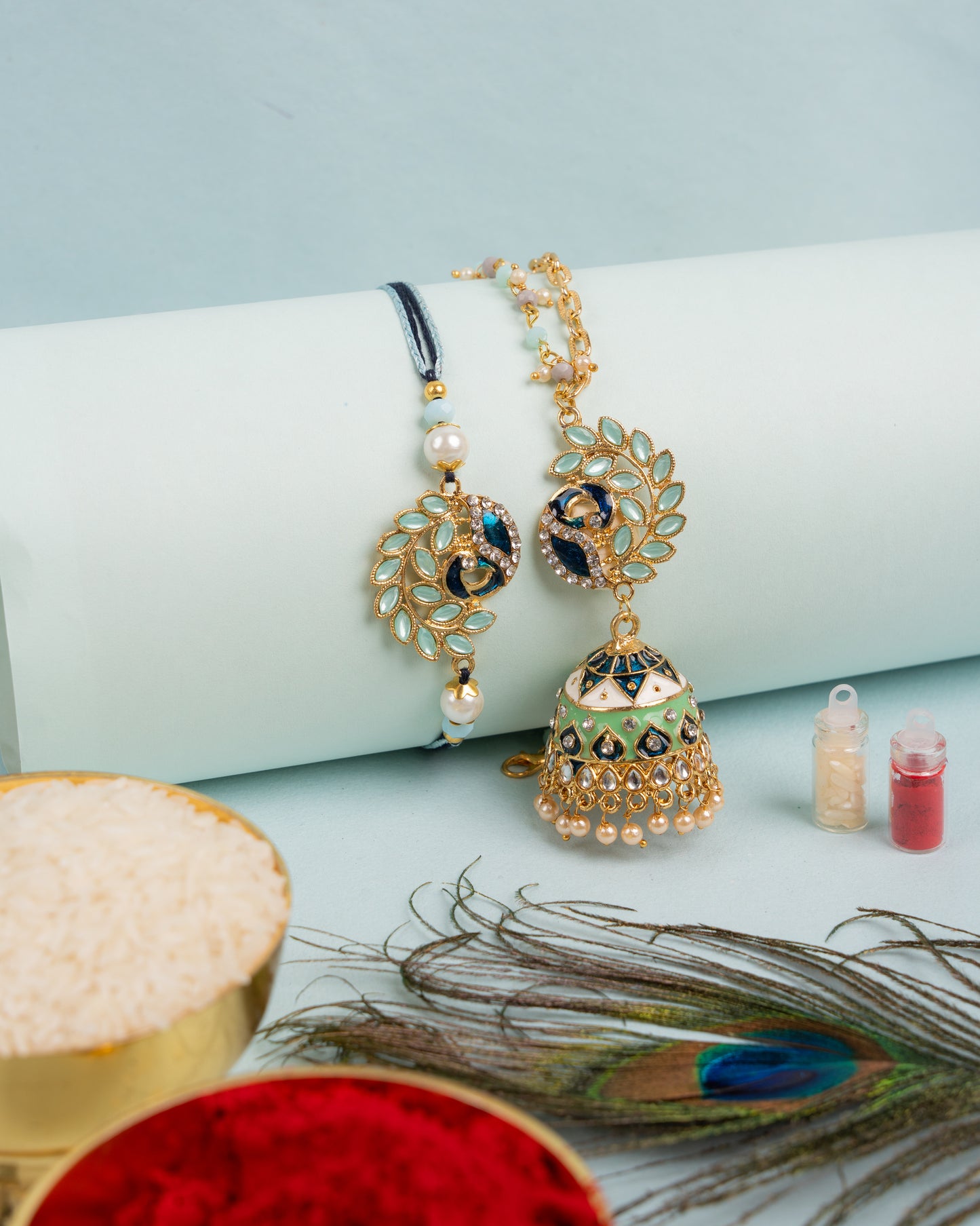 The Royal Mayur Set (Bhaiya-Bhabhi Rakhi Duo)